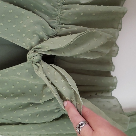 Tie front peplum swiss dot green girlie top, trendy, cropped, v neck, women's M - Picture 4 of 8